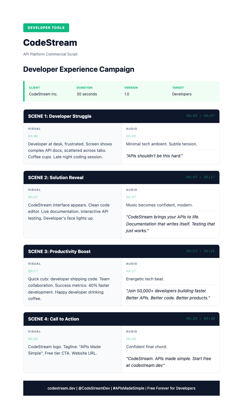 Software API documentation commercial script